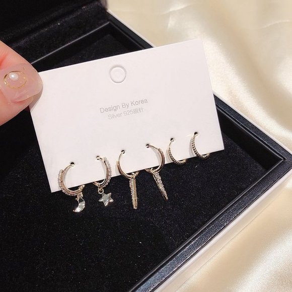 [3 Pairs] 925 Sterling Silver Diamond Earrings G - Picture 2 of 6
